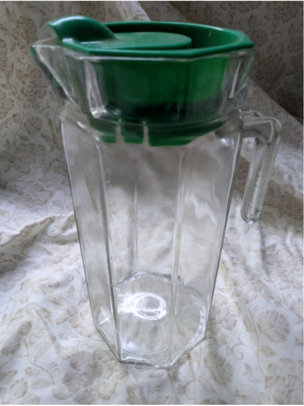 Vintage Clear Glass Pitcher with Green Lid